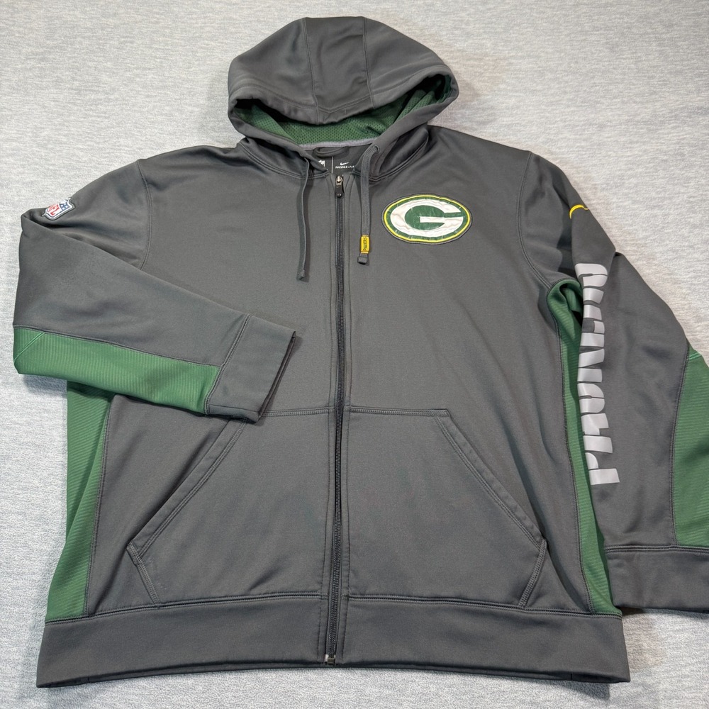 Nike Hoodies Men XL Gray Full Zip Green Bay Packers On-Field Therma-Fit NFL Flee